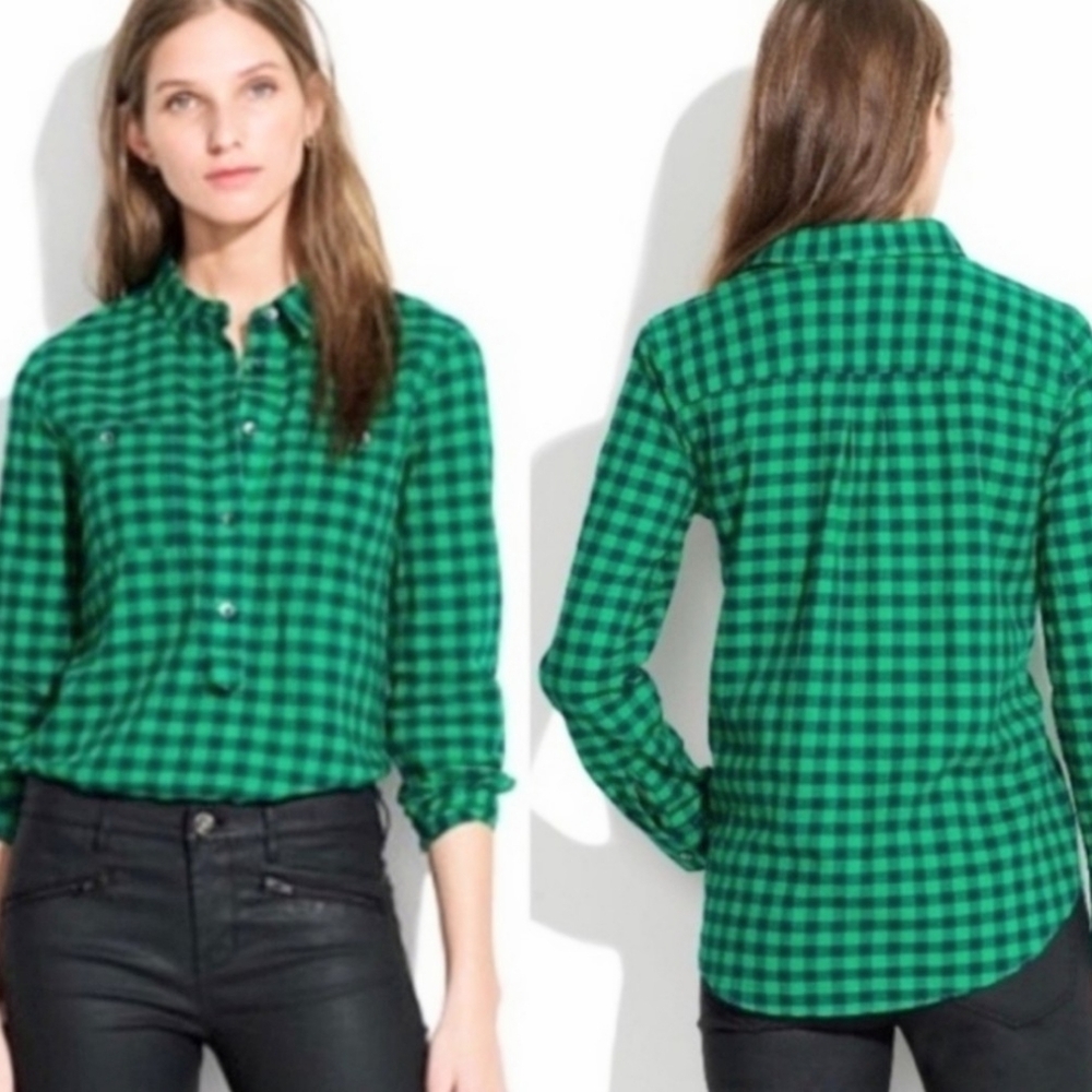 Madewell Green & Navy Plaid Cotton Popover Shirt, Size S